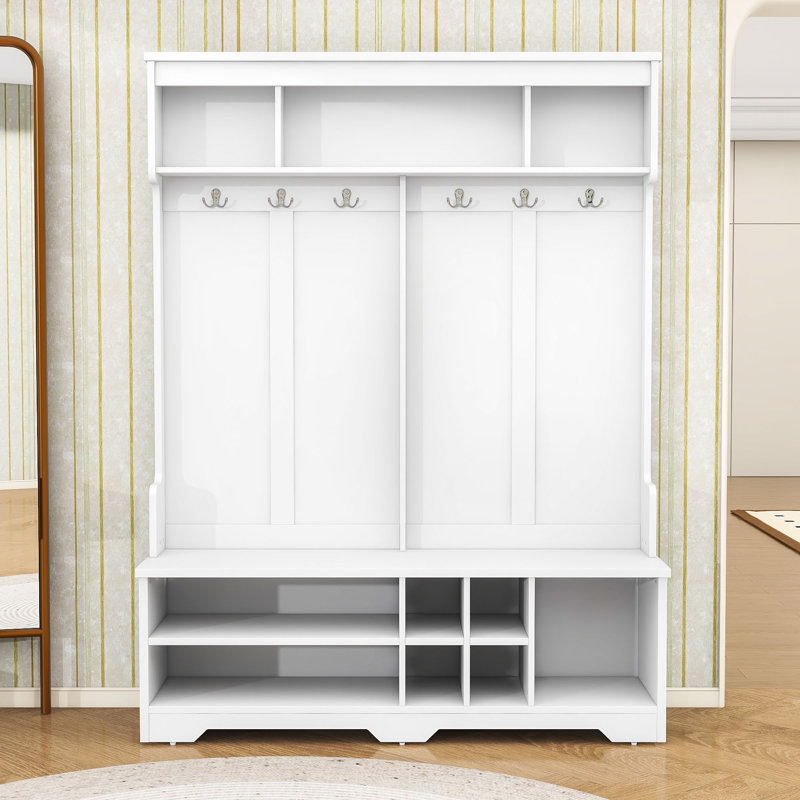 Modern Hall Tree with Bench, Hooks and Storage Compartments, White