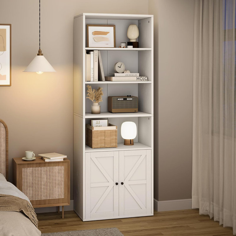 71.4" Farmhouse Bookcase with Doors, 6-Shelf Wooden Storage Cabinet for Living Room, Office & Study, White