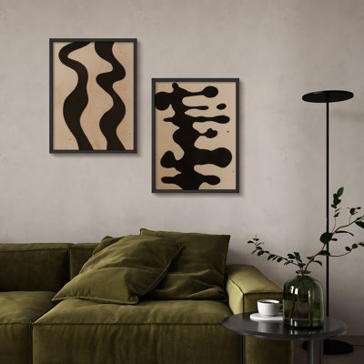 «Neutral Abstract Shapes», ensemble de 2 reproductions d'art encadrées à motif géométrique beige et noir