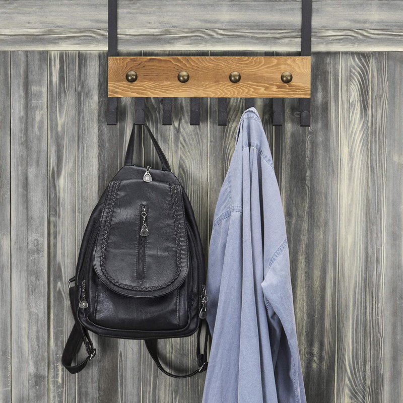 Porte-crochets au-dessus de la porte avec 8 crochets en métal - Porte-serviettes en bois brûlé rustique et en métal noir pour la salle de bain, la cuisine, la chambre à coucher ou le vestibule - Solution de rangement peu encombrante