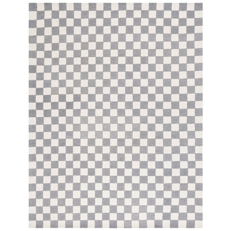 Gray and Ivory Checkered Handmade Wool Area Rug, 8' x 10'