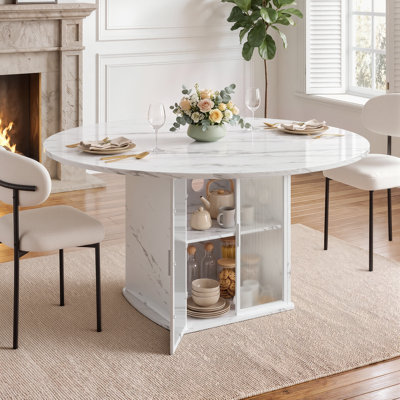 Table de salle à manger ronde de 120 cm (47,2 po) pour 4 à 6 personnes avec armoire de rangement, porte-verres à vin et emplacement pour mini-réfrigérateur en option