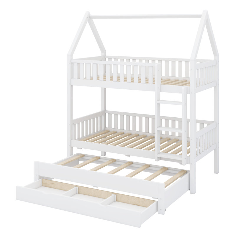 Whimsical House Design Bunk Bed with Guardrails, Expandable Trundle Base, and Built-In Drawer Storage