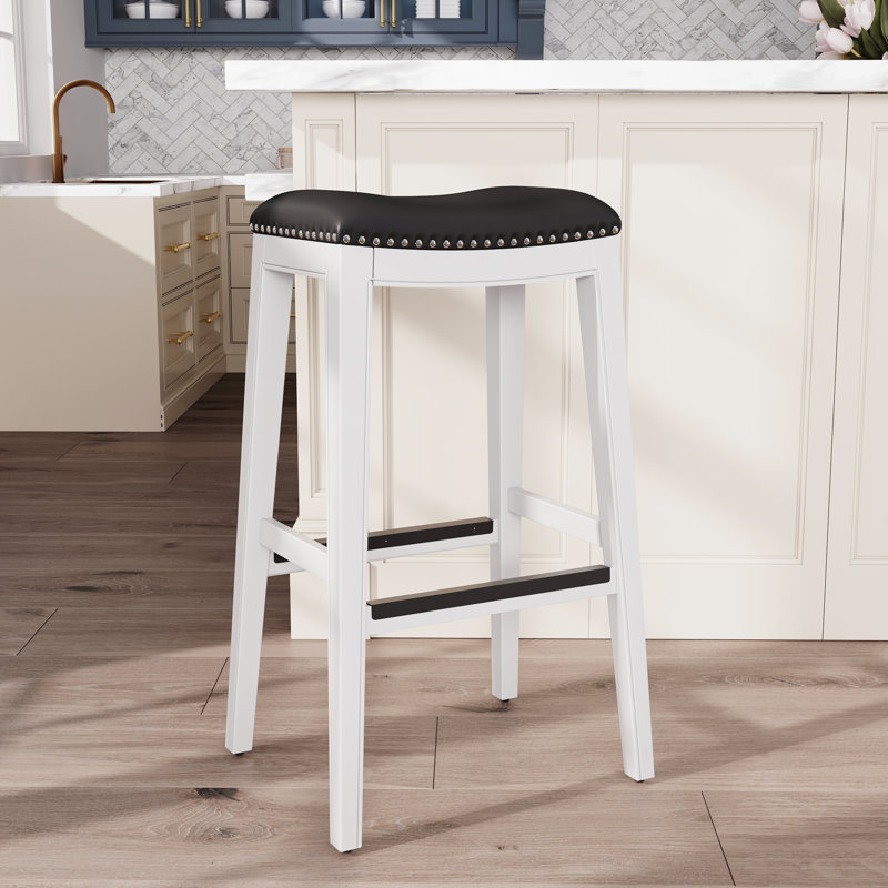 Tabouret de bar de 30 po, blanc avec cuir noir, fabriqué pour une utilisation durable dans la cuisine et le siège en cuir, élégant ou de bar confortable, structure en bois franc robuste