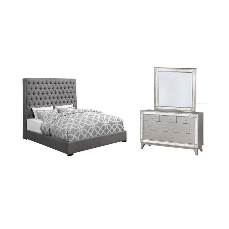 Ensemble de chambre à coucher 3 pièces avec commode et miroir Milbrey, Grand