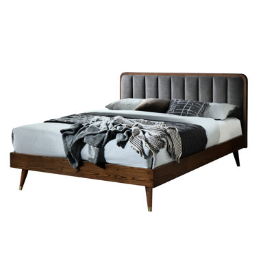 Queen Bed Frame In Mid - Century Design, Solid Wood And Linen Upholstered, Easy Assembly Of Style, Frame, Gold Tone Legs,