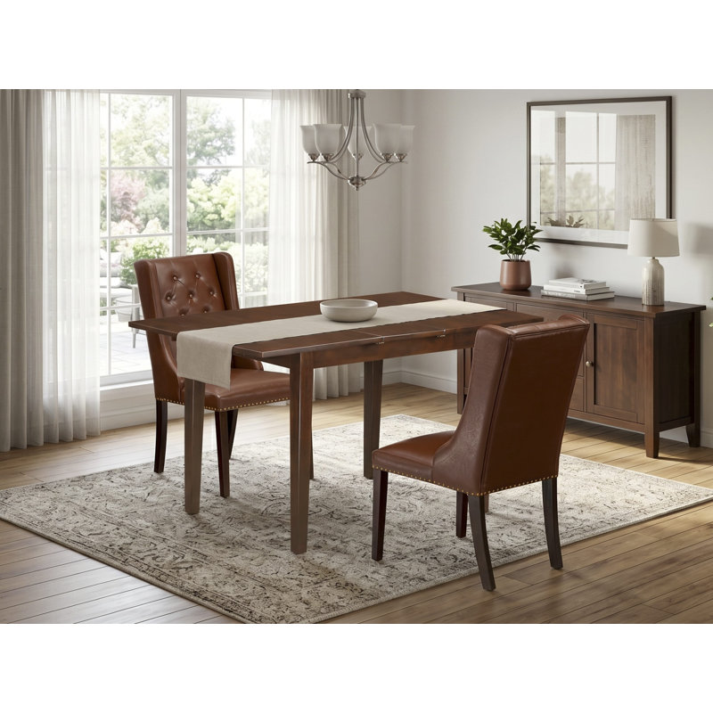 Finish Solid Wood Top with Butterfly Leaf Dining Table Set, Brown, Mahogany, 3 Pieces