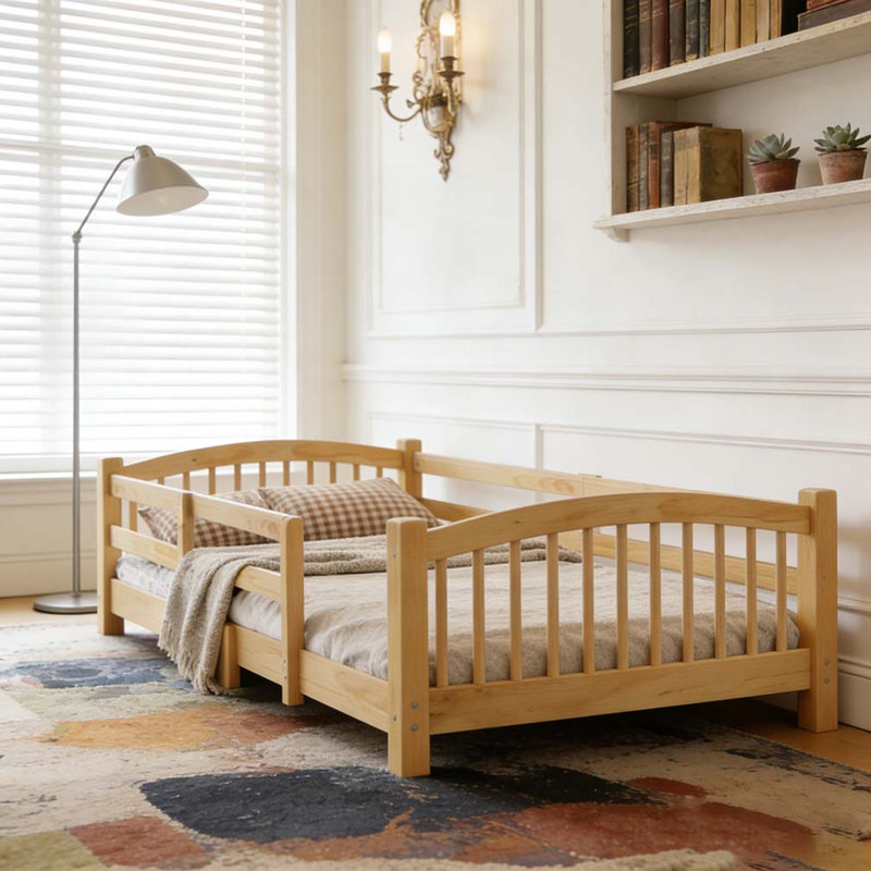 Lit en bois avec lattes et garde-corps de sécurité, Naturel, Lit simple