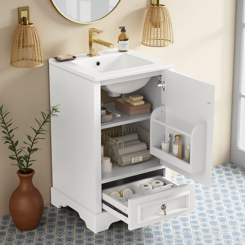 Meuble-lavabo simple autoportant de 20 po avec lavabo en céramique, porte à fermeture douce et 1 tiroir, Blanc