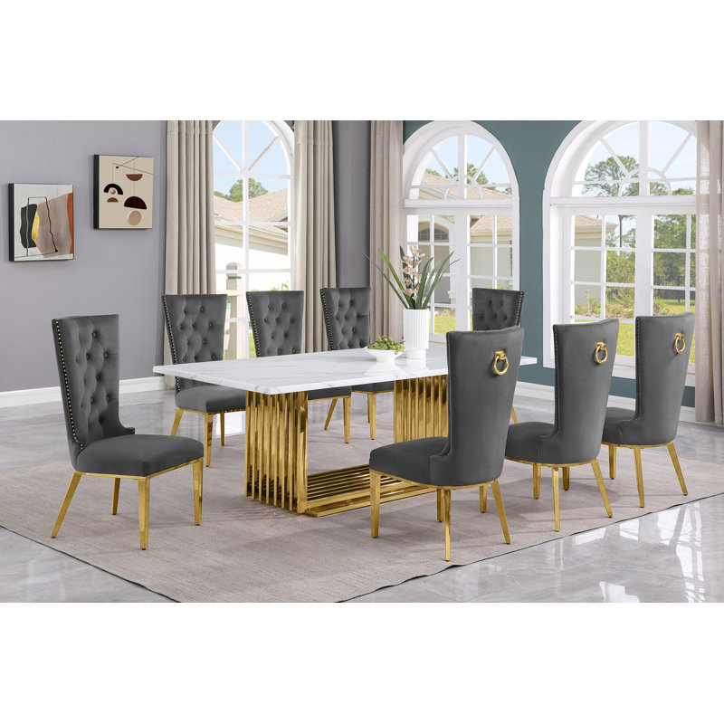 Barkhamsted Marble Top Pedestal Dining Set, 9, Grey/Gold, Gold
