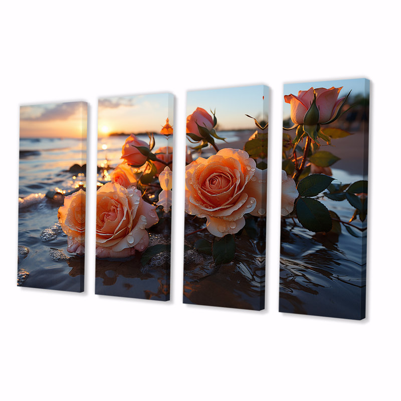 Magnifique coucher de soleil sur la plage de l'océan rose II - Rose, 4 pièces, H 32 po x l 64 po