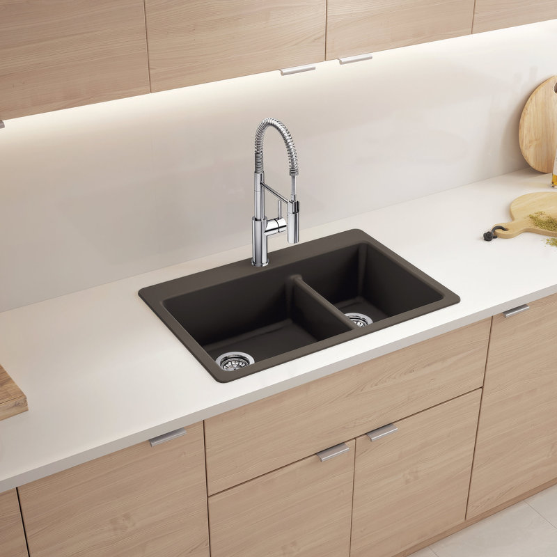 Liven SILGRANIT 33" L x 22" W Double Basin Drop-In/Undermount Kitchen Sink, White