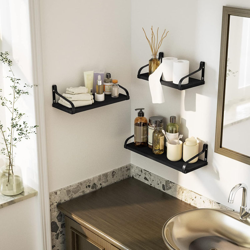 Floating Shelves For Wall Set Of 3, Rustic Wood Wall Shelves With Industrial Metal Brackets, Minimalist Display Shelves For Home Office Bedroom Bathroom Kitchen Storage And Decor