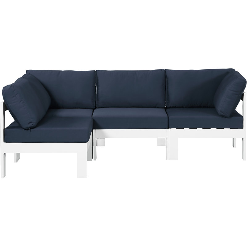 Quintarius 90'' Wide Aluminum Patio Sectional with Cushions, White, Navy