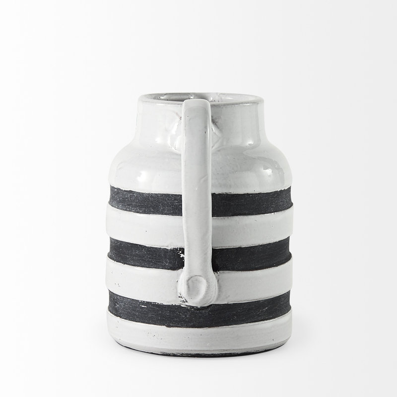 Rustic White And Blue Stripe Ceramic Jug, 7.09" H x 7.09" W x 6" D