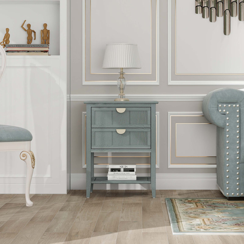 Wood Console Table with 2 Drawers,Shelf, Light Grey