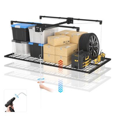 Étagère de rangement suspendue pour garage, 1,22 m (L) x 2,44 m (l), capacité de 363 kg, système de levage au plafond avec descente verticale de 3,66 m, verrou de sécurité manuel et acier thermolaqué.