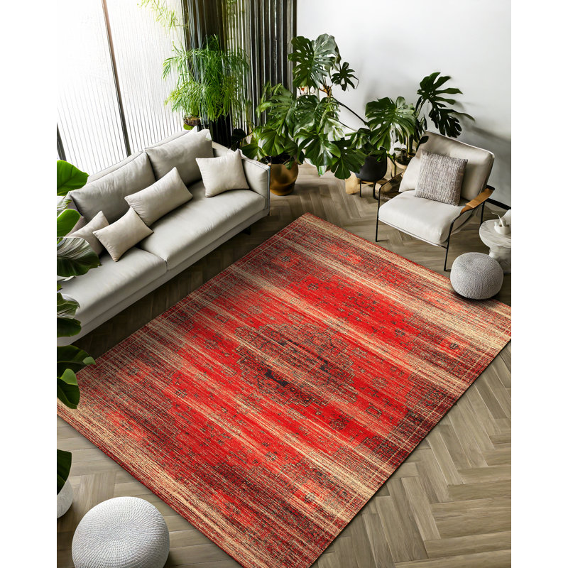 Tapis oriental rouge en polyester imprimé à la machine Susan, Rectangle 3 pi 4 po x 5 pi