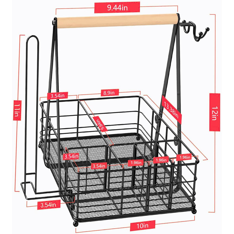 Picnic Caddy And Grill Utensil Caddy,Condiment Caddy, Grill-Caddy,Adjustable Compartment Storage,With 3 Hooks,Sturdy Thick,Easy Carry,Quick Assemble Grill Accessories Storage-Black