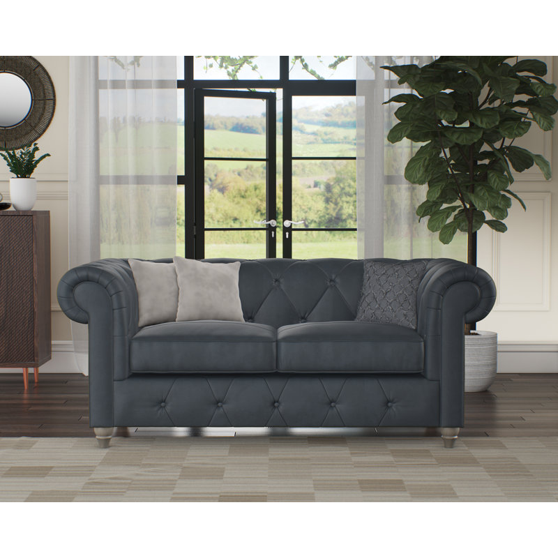 Melrose 2 Seater Leather Sofa, Navy, Washed Oak