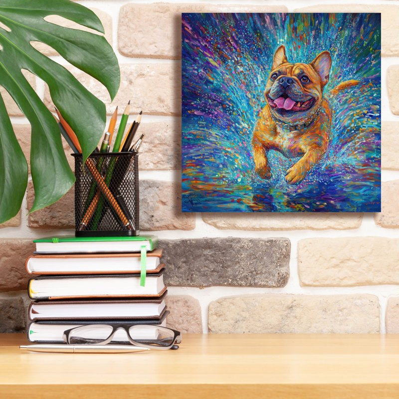 «Buldog In The Rain Puddles» par Rich Monet, art mural sur toile, H 12 po x l 12 po x P 0,75 po