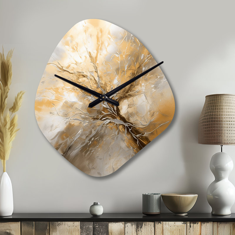 Or et argent chromatique Essence I - horloge murale asymétrique abstraite, impression unique, Petit
