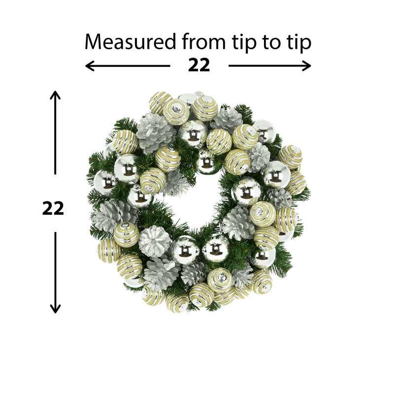 22" Evergreen Holiday Wreath With Pinecones And Assorted Ornaments