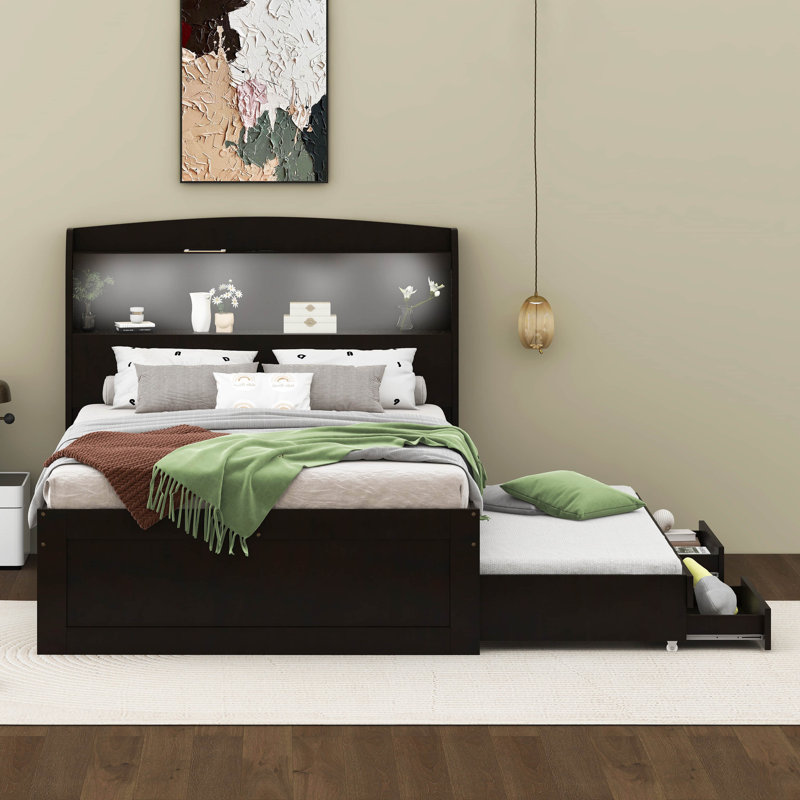 Full XL Size Platform Bed With Storage LED Headboard, Charging Station, Twin Size Trundle And 2 Drawers, Full XL, Dark Brown