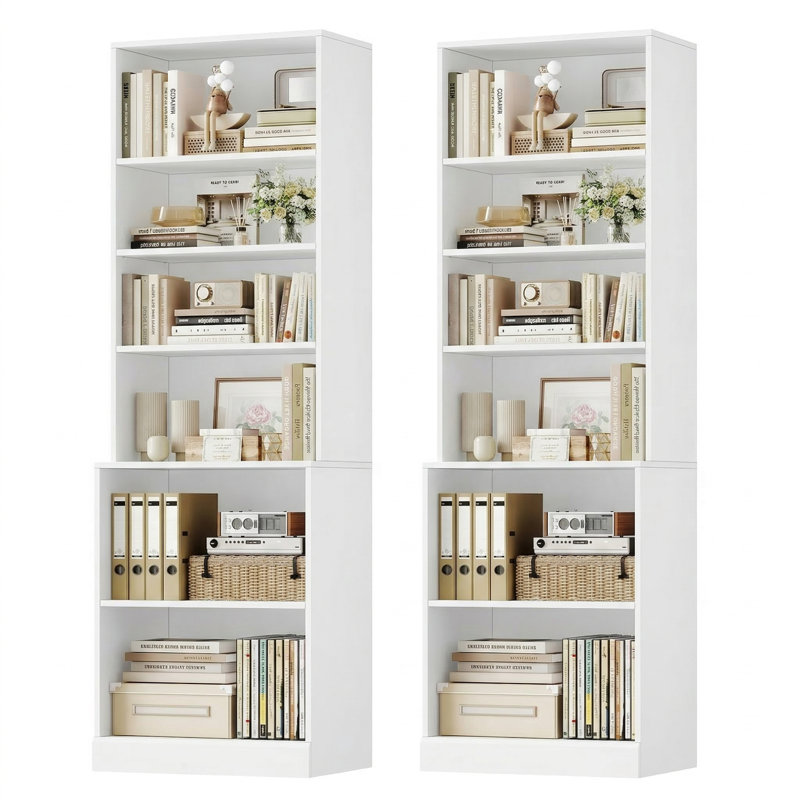 2-piece Tall Bookcase Set With Extra Desktop, Adjustable Shelves, And Enclosed Storage, Multi-functional Storage Bookshelf In White/black