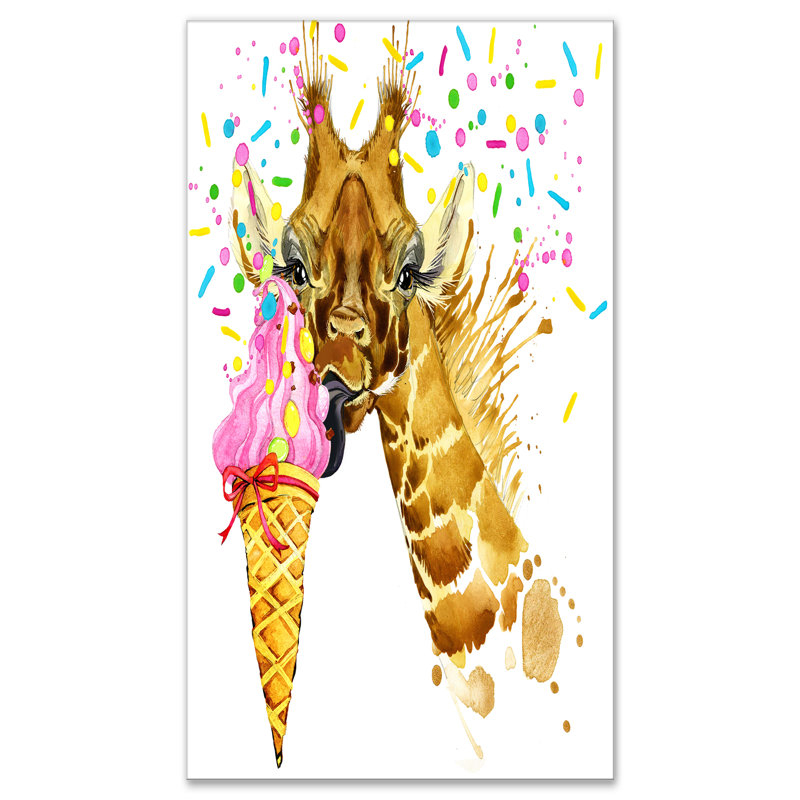 " Giraffe Eating Ice Cream Watercolor ", 32" H x 16" W x 1" D, Wrapped Canvas