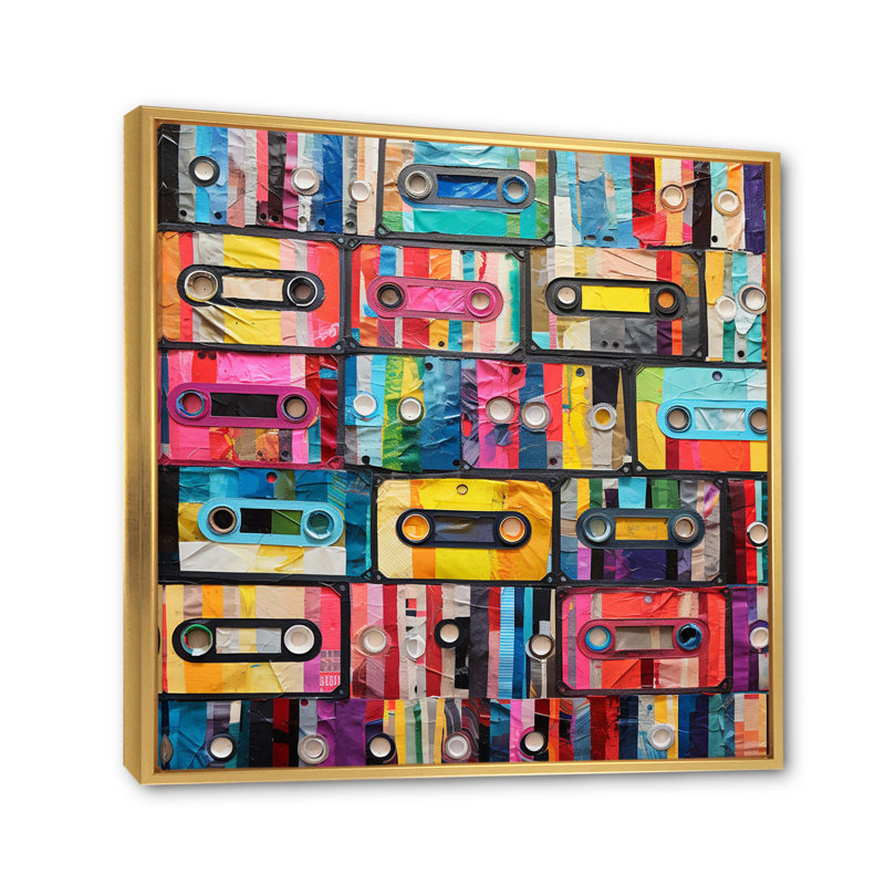 Cassette Tapes Tape Mosaic I - Music Canvas Print, H 24 po x l 24 po x P 1 po, Cadre flottant doré