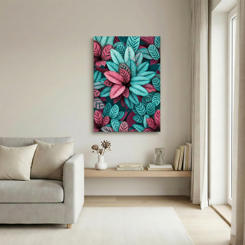 Art mural sur toile rose et bleu sarcelle à motif de feuilles tropicales, 40"H x 28"W