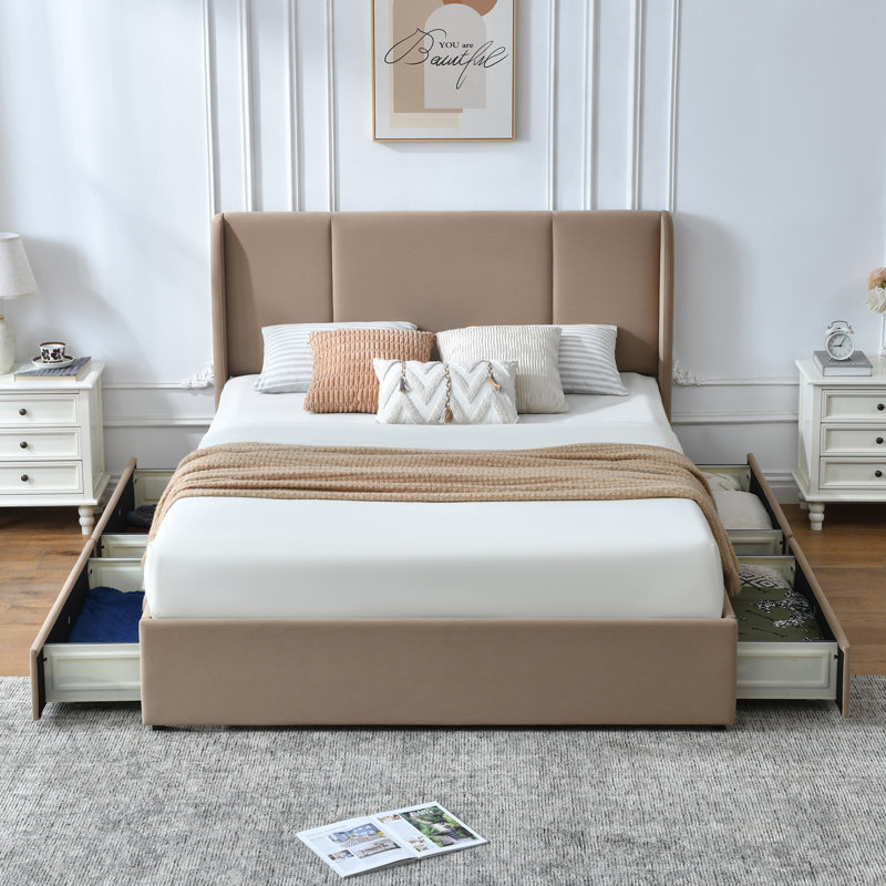 Lit plateforme tapissier avec 4 tiroirs Braya, Double, Brun