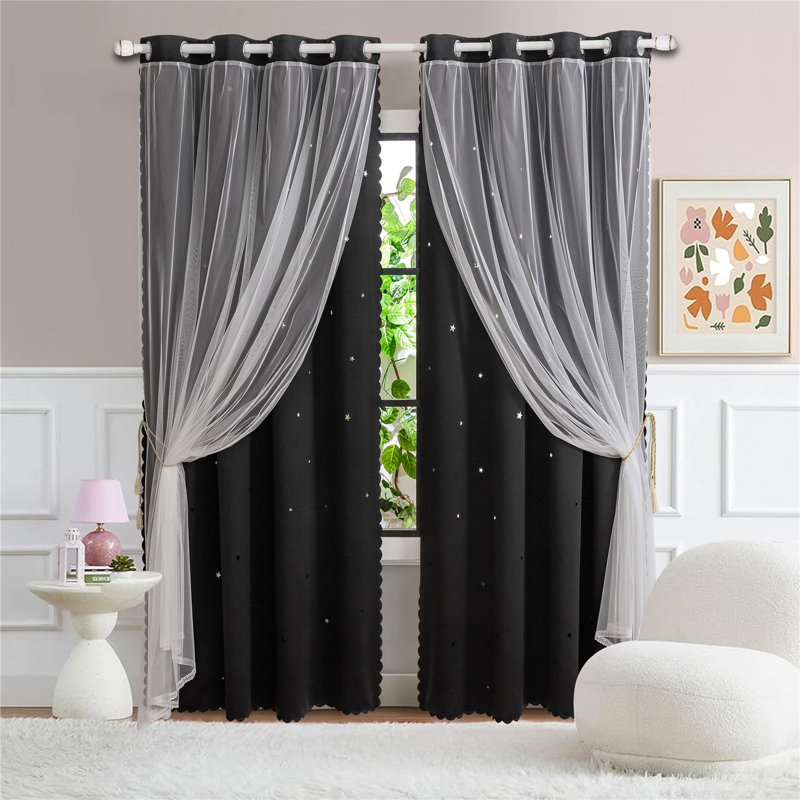 Blackout Curtains Long, Thermal Insulated 2-Layer Drapes White Sheer Overlay for Bedroom/Dining Room 2 Panels, 52" W x 84" L