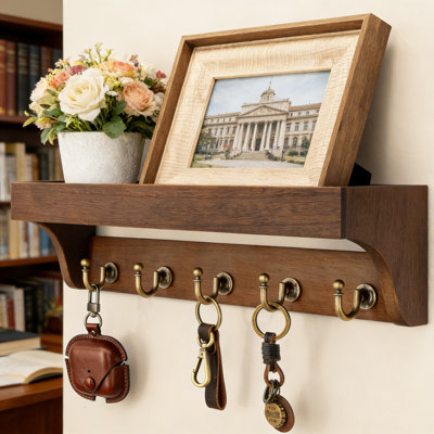 Farmhouse Key Holder For Wall - Decorative Wooden Mail Organizer With 5 Rustic Key Hooks