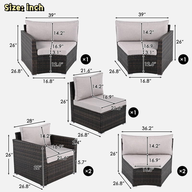 9-Piece Outdoor Half-Moon Wicker Conversation Sets With 1 Nesting Coffee Table And Tempered Glass Top