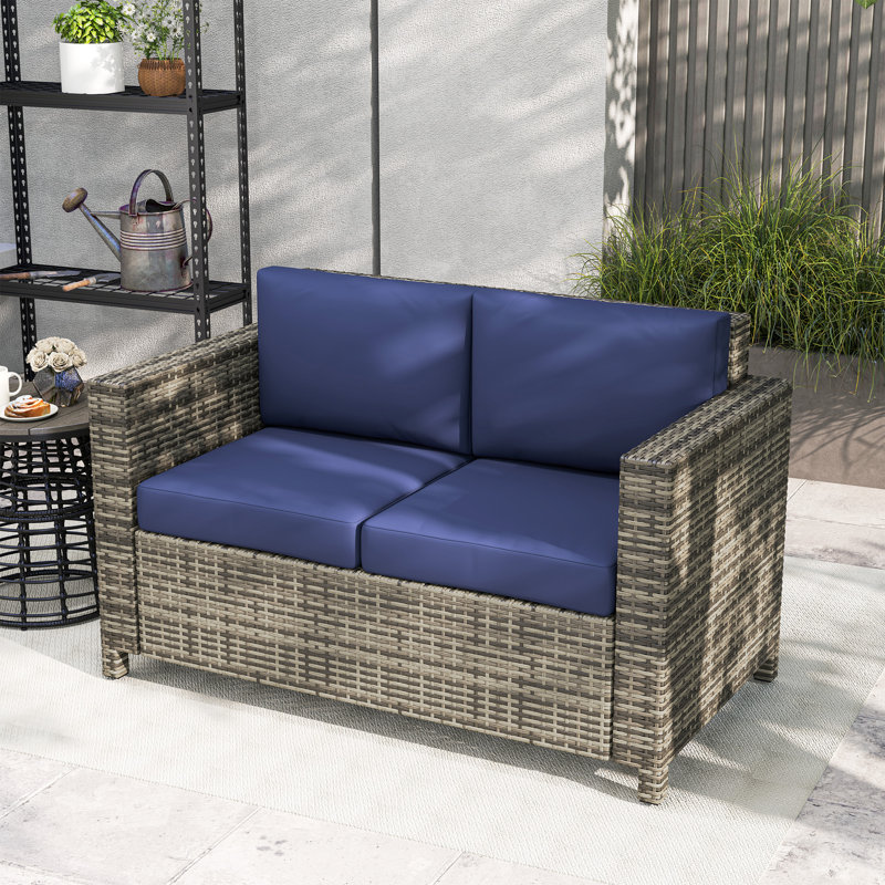 130cm Wide Rectangle Wicker Loveseat with Cushions, Navy Blue
