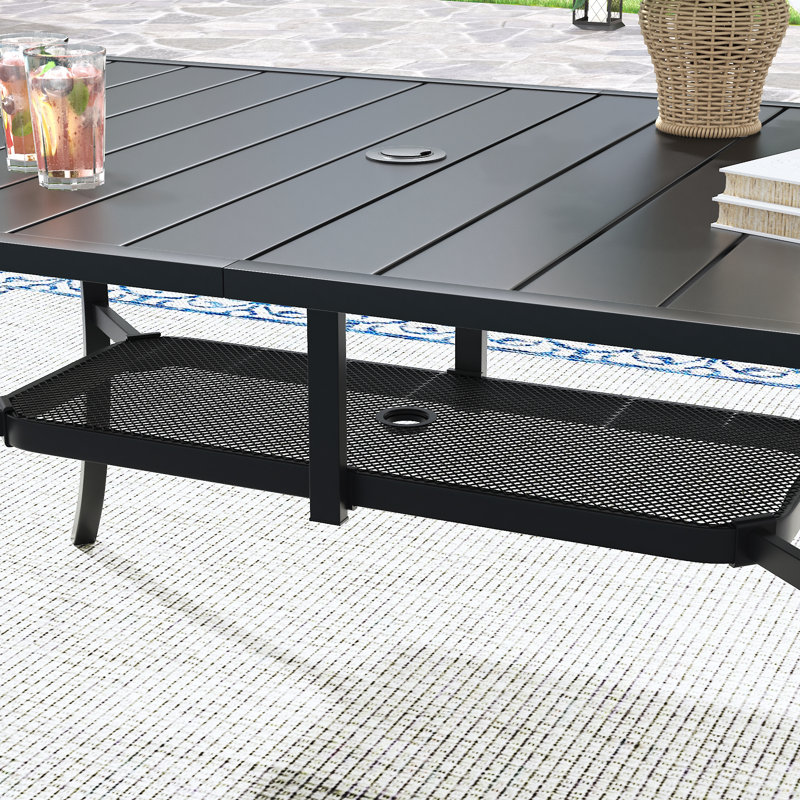 Ensemble repas d'extérieur rectangulaire pour 6 personnes avec parasol et chaises empilables, Black/Brown/Beige
