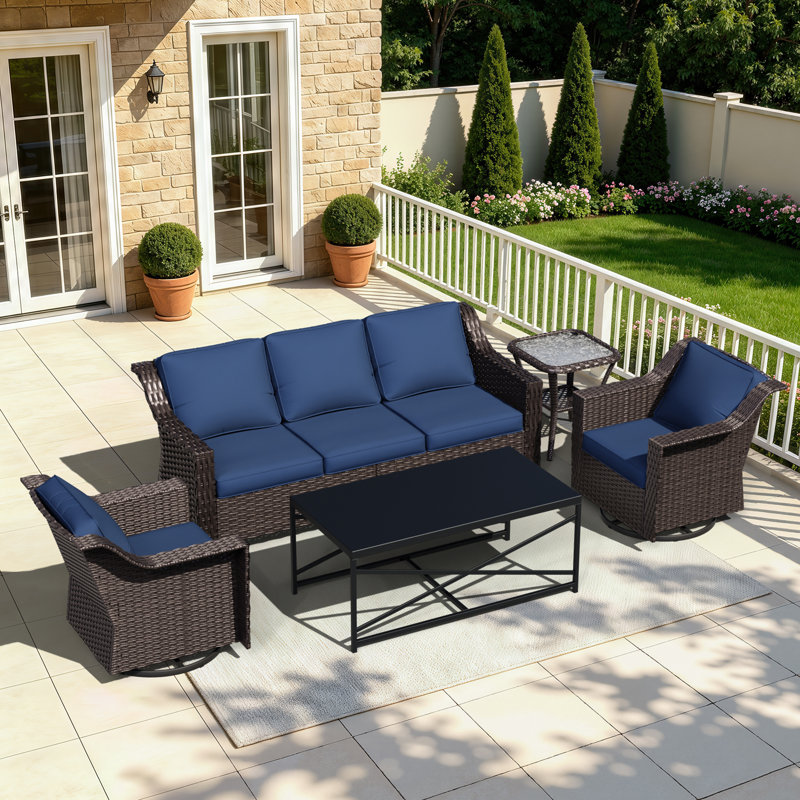 5-Piece Outdoor Rattan Wicker Conversation Set, Patio Furniture with 3-Seater Sofa, 3 Armchairs, Coffee Table & Side Table, Weather-Resistant for Backyard, Porch & Poolside