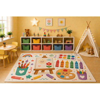 5' x 7' Arts and Crafts Area Rug for Kids Playroom Nursery Bedroom, Painting Easel Paint Brushes Crayons Color Palette Educational Cartoon Decor, Non-Slip Silicone Backing Low Pile