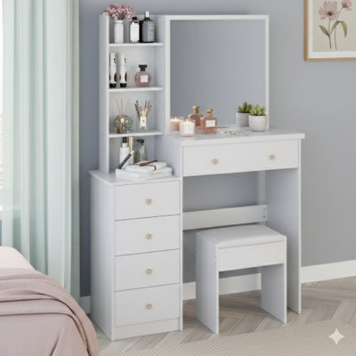 37-Inch Middle-Sized Unit Combining A Left Bedside Cabinet/Vanity Table And A Cushioned Stool. Features An Extra-Large Right Sliding Mirror And Multi-Layer, High-Capacity Storage. A Practical And Fashionable Dresser Suitable For Large Spaces.