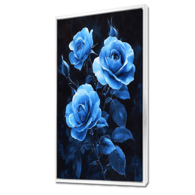 «Dark Aqua Roses Elegance At Night I», art mural sur toile Roses, H 60 po x l 28 po, Reproduction avec cadre flottant, Blanc