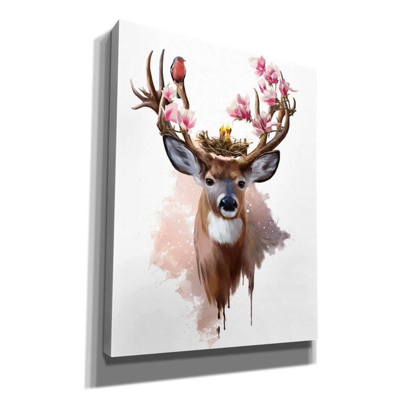 Art mural sur toile Epic Graffiti «Deer Red-crocodile and Flowers» par Kajenna, 26 po x 34 po, H 34 po x l 26 po