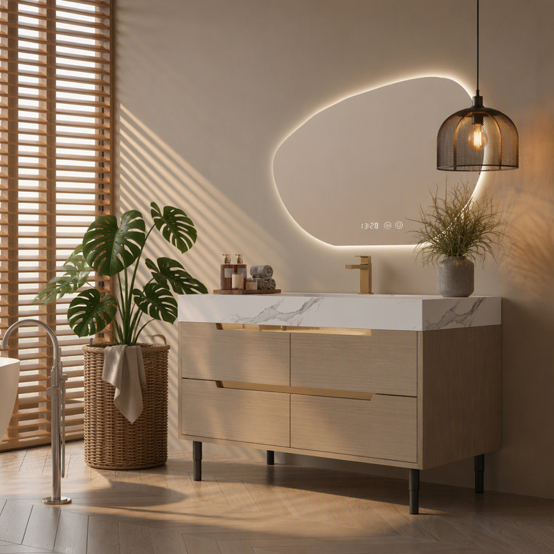 Meuble-lavabo moderne de 35,4 po avec lavabo sous comptoir, plateau en pierre frittée, bois massif multicouche imperméable, rangement à 4 tiroirs, autoportant / mural