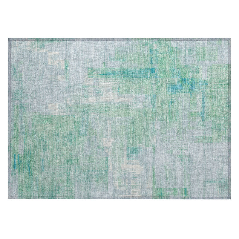 Sky Blue and Green Synthetic Flat Woven Washable Rug