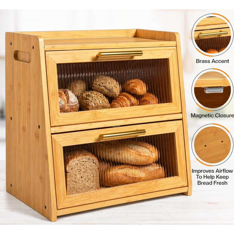 16.5" Double‑Layer Bamboo Bread Box, Extra‑Large Countertop Storage with Frosted Acrylic Windows