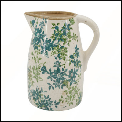 7.9x5.9x9.4" Floral Pitcher Vase Ceramic Jug Spout and Curved Handle Farmhouse Look Standalone Floral Accent