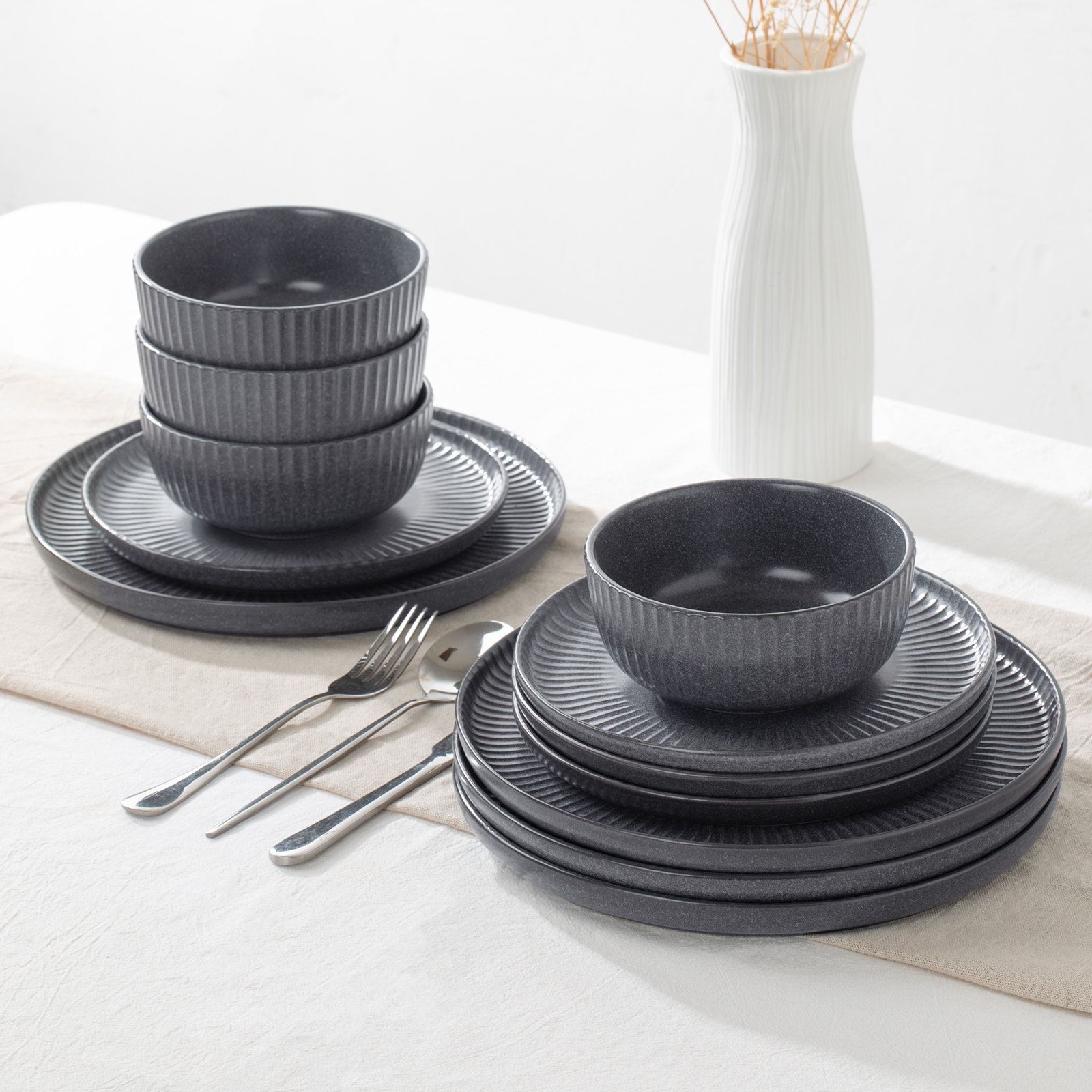 Stoneware Dinnerware Set, Matte Black Gray