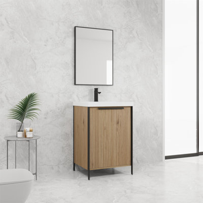 Meuble-lavabo autoportant de 24 po avec lavabo en résine durable et portes d'armoire à fermeture en douceur pour un rangement élégant