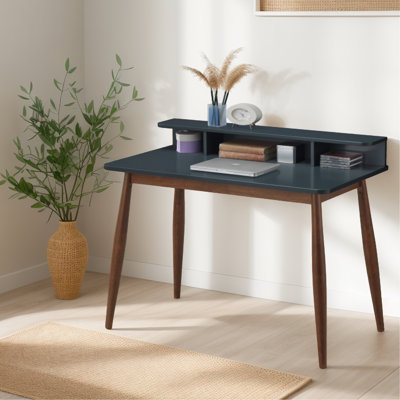 Mid-century Desk In Grey With - 3 Pigeonholes, Wood Leg, 43"w 23.6"d 34.4"h Modern Tapered Flared Leg 43" W X 23.6" D 34.4" H Assembly